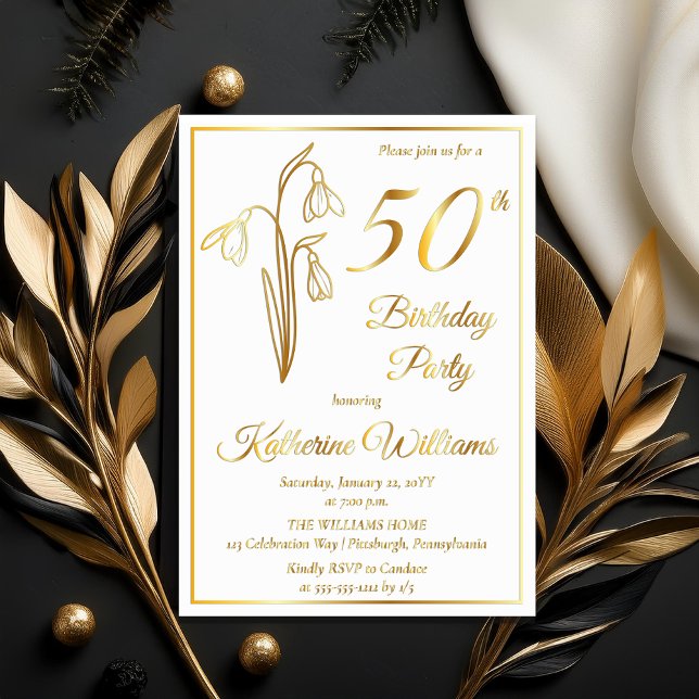 Invitation En Aluminium Élégant Snowdrops 50ème anniversaire fête bloquée (Elegant January Birth Month Snowdrops Floral "50th Birthday Party" Stamped Gold Foil Invitations)