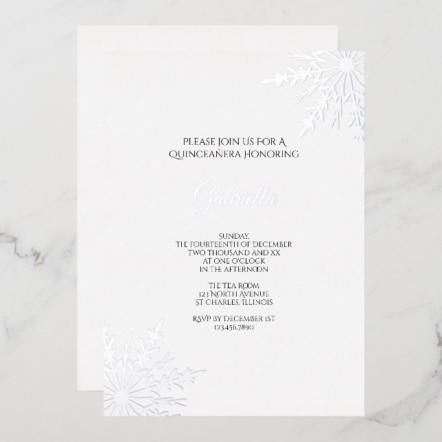 Invitation En Aluminium Élégant Snowflakes Winter Quinceañera (Recto/Verso)