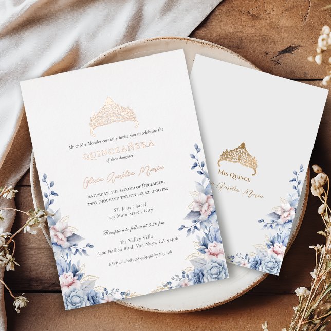 Invitation En Aluminium Elégant Tiara Rose Gold Blue Roses Quinceañera (Créateur téléchargé)