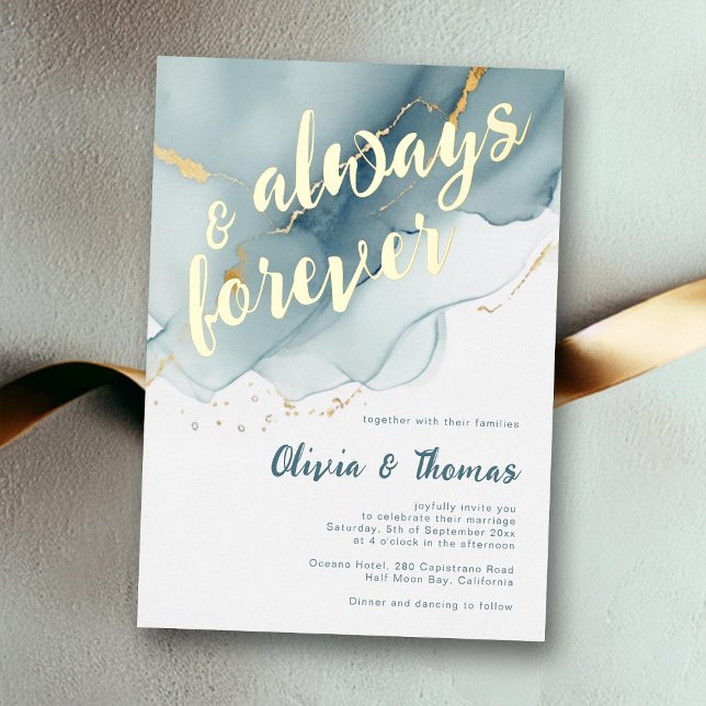 Invitation En Aluminium Elégant Toujours Dusty Blue Beach Mariage (always forever beach wedding invitation teal gold foil dusty blue elegant bohemian modern romantic)