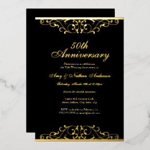 Invitation En Aluminium Élégant Tourbillon Noir Or 50e Anniversaire de Mar