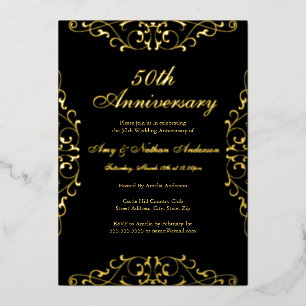 Invitation En Aluminium Élégant Tourbillon Noir Or 50e Anniversaire de Mar