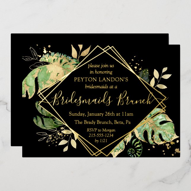 Invitation En Aluminium Elégant Tropical Black & Gold Bridesmaids Brunch (Recto/Verso)