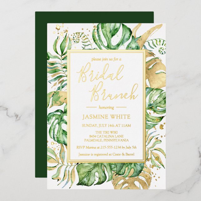 Invitation En Aluminium Elégant Tropical Bridal Brunch Shower Gold (Recto/Verso)