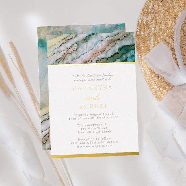Invitation En Aluminium Elégant Turquoise et Gold Driftwood Beach Mariage (Créateur téléchargé)