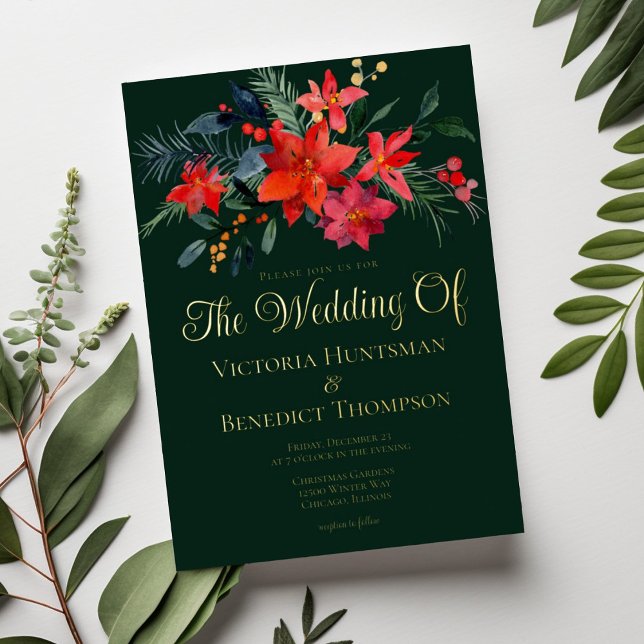 Invitation En Aluminium Elégant vacances Floral Hiver Mariage Vert Or (Créateur téléchargé)