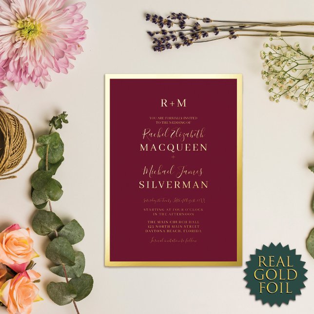 Invitation En Aluminium Élégant véritable or épais frontière bordeaux Mari (Créateur téléchargé)
