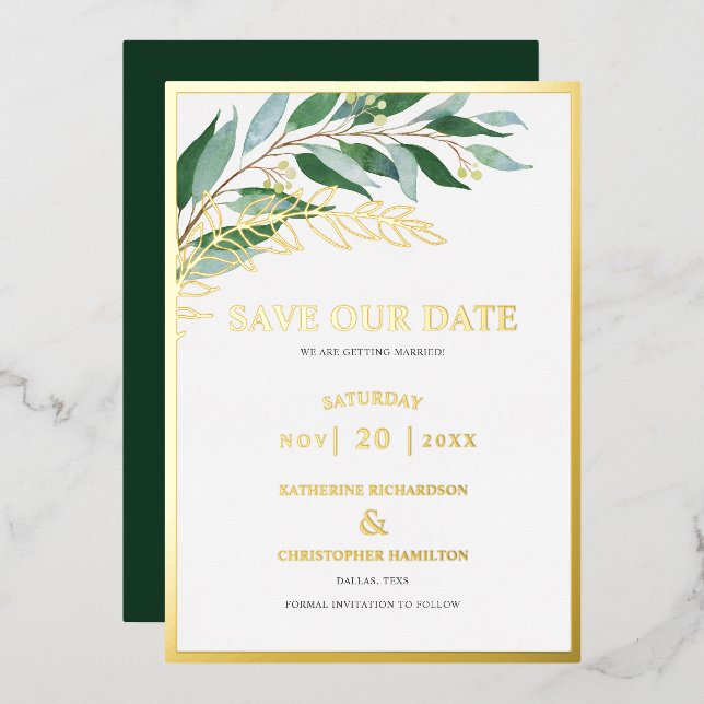 Invitation En Aluminium Élégant Vert Feuillage Vert Économisez La Date (Recto/Verso)