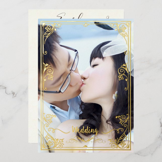 Invitation En Aluminium Elégant Victorian Votre Photo Back & Front Gold (Recto/Verso)