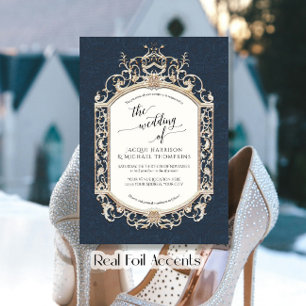 Invitation En Aluminium Elégant Vintage Baroque Défilé Marine Blue Gold