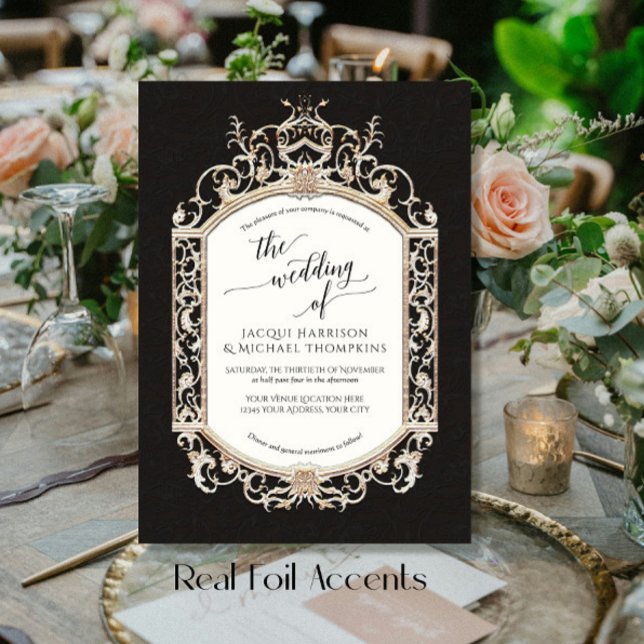 Invitation En Aluminium Élégant Vintage baroque noir et blanc (Créateur téléchargé)