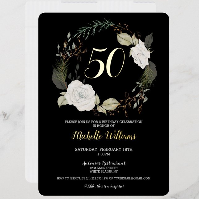 Invitation En Aluminium Élégante 50e fête d'anniversaire White Floral Wrea (Elegant Black & White 50th Birthday Party Invitation, Gold Foil, Fifty)