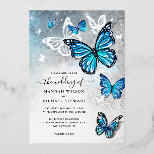 Invitation En Aluminium Elégante aquarelle bleu papillon Mariage réel