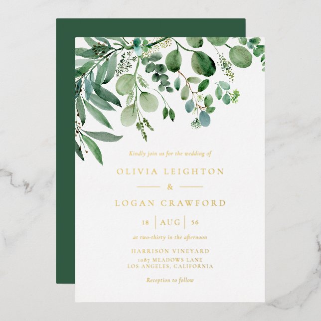 Invitation En Aluminium Elégante aquarelle Eucalyptus Mariage vert (Recto/Verso)