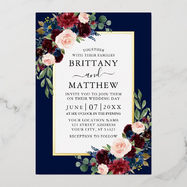 Invitation En Aluminium Elégante aquarelle Floral Mariage Blue Gold (Recto)