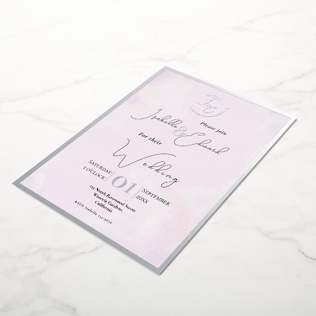 Invitation En Aluminium Elégante aquarelle Gris Lovebirds & Mariage rose (Rotation)