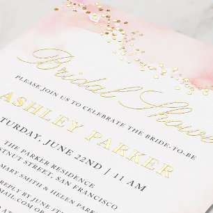 Invitation En Aluminium Elégante Aquarelle rose jolie Fête des mariées Or