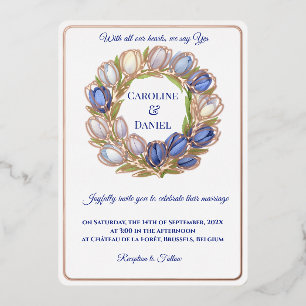 Invitation En Aluminium Elégante aquarelle Tulipe Mariage de couronne bleu