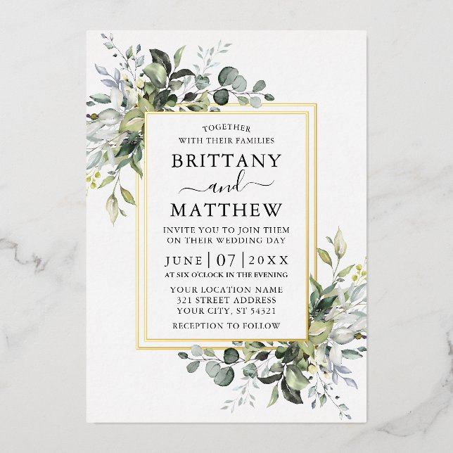 Invitation En Aluminium Elégante aquarelle Verdure Mariage 2 Frame Gold (Recto)