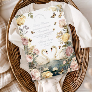 Invitation En Aluminium Élégante Baby Shower aux Cygnes à l'Aquarelle