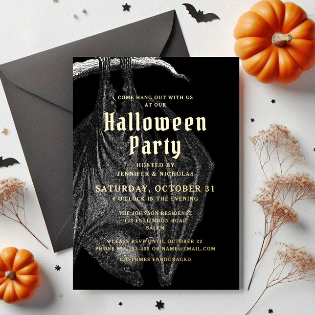 Invitation En Aluminium Élégante Bats Gold Halloween Foil Party (Elegant Bats Gold Halloween Foil Party Foil Invitation)