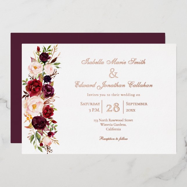 Invitation En Aluminium Elégante Bourgogne & Blush Floral Rose Gold (Recto/Verso)