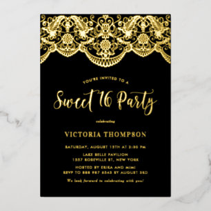 Invitation En Aluminium Elégante Brocade Lace Black Sweet 16 Party
