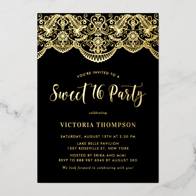 Invitation En Aluminium Elégante Brocade Lace Black Sweet 16 Party (Recto)