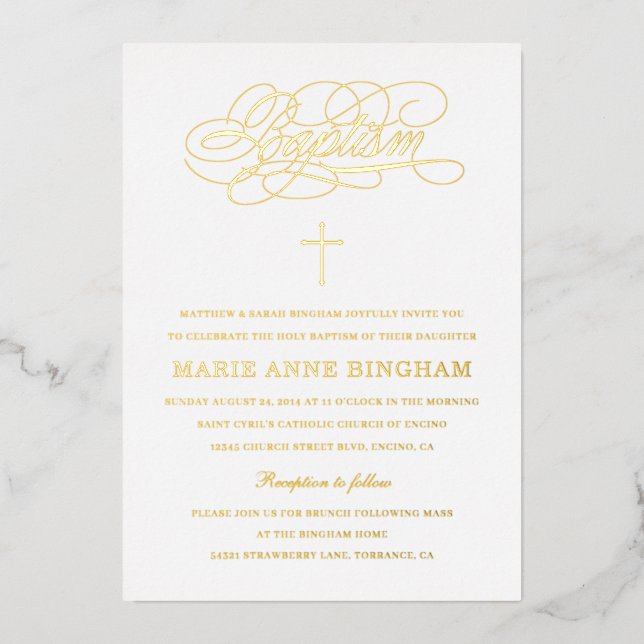 Invitation En Aluminium Élégante calligraphie Baptême Or (Recto)