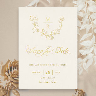 Invitation En Aluminium Élégante Calligraphie Botanique Or Save the Date