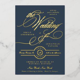 Invitation En Aluminium Élégante Calligraphie d'or officielle Mariage bleu