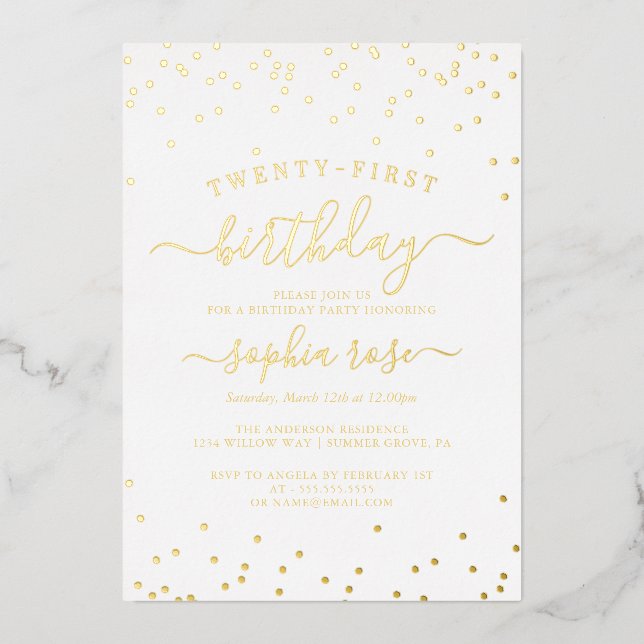 Invitation En Aluminium Élégante calligraphie feuille d'or 21e anniversair (Recto)