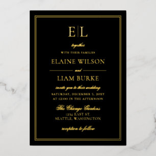 Invitation En Aluminium Élégante calligraphie Luxe Black Gold Mariage Foil