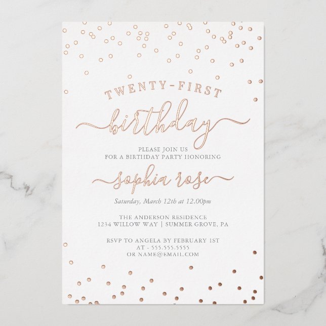 Invitation En Aluminium Élégante calligraphie Rose Gold Foil 21e anniversa (Recto)