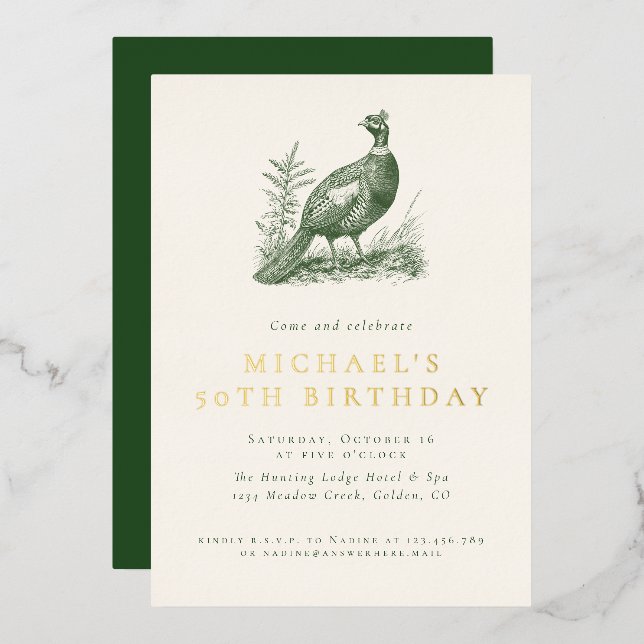 Invitation En Aluminium Elégante Chasse de faisan Vert Adulte Anniversaire (Recto/Verso)