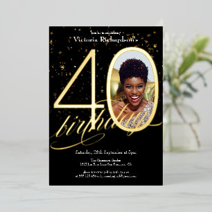 Invitation En Aluminium Elégante Confetti Black Gold Photo 40e anniversair