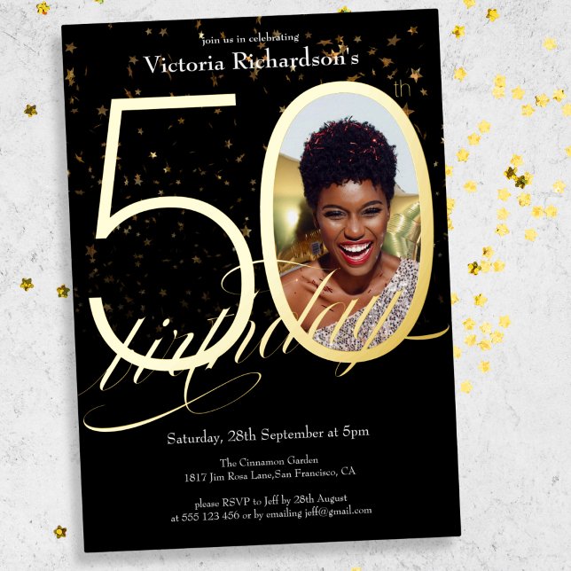 Invitation En Aluminium Elégante Confetti Black Gold Photo 50e anniversair (Mockup View)