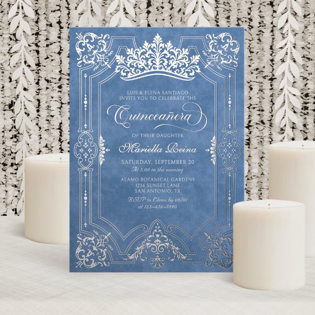 Invitation En Aluminium Elégante Couronne Bleue Tiara Quinceanera (Créateur téléchargé)