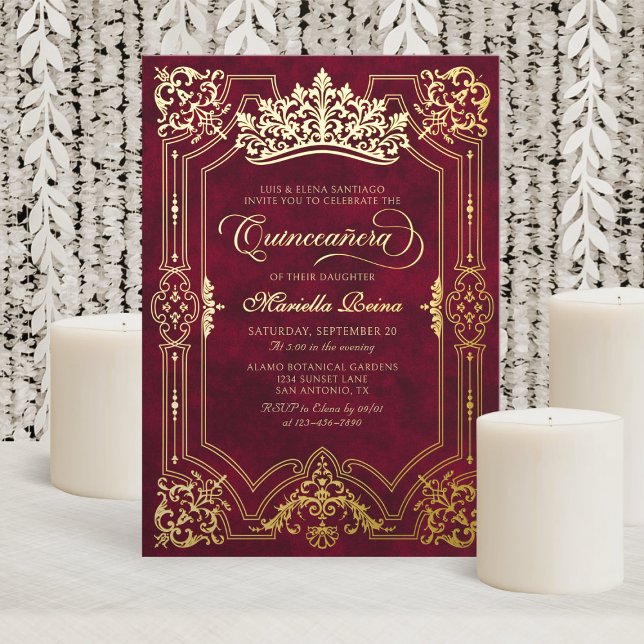 Invitation En Aluminium Elégante Couronne rouge Tiara Quinceanera (Créateur téléchargé)