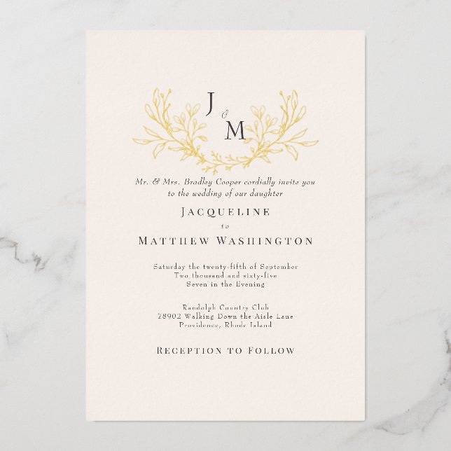 Invitation En Aluminium Elégante Crème Foliage Mariage Or (Recto)