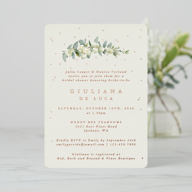Invitation En Aluminium Elégante crème Snowberry+Eucalyptus Fête des marié (Debout devant)