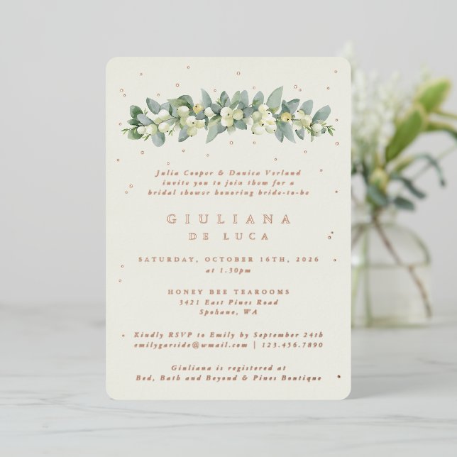 Invitation En Aluminium Elégante crème Snowberry+Eucalyptus Fête des marié (Debout devant)