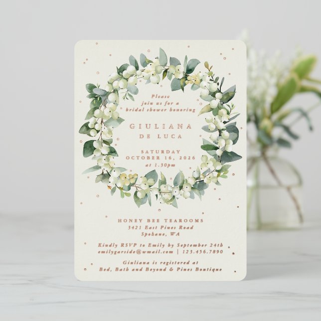 Invitation En Aluminium Elégante crème Snowberry+Eucalyptus Fête des marié (Debout devant)