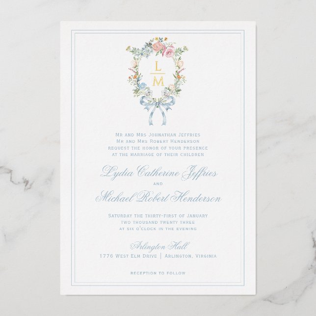 Invitation En Aluminium Élégante crête de couronne fleurie | Mariage monog (Recto)