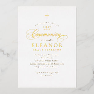Invitation En Aluminium Élégante croix d'or Calligraphie première communio