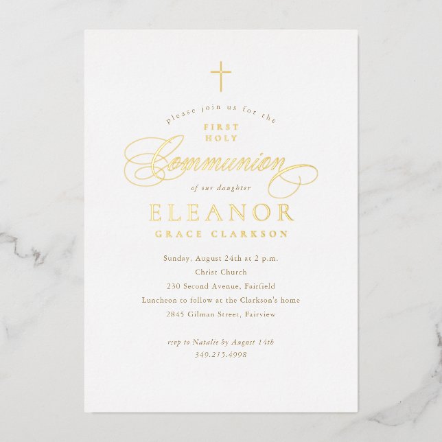 Invitation En Aluminium Élégante croix d'or Calligraphie première communio (Recto)