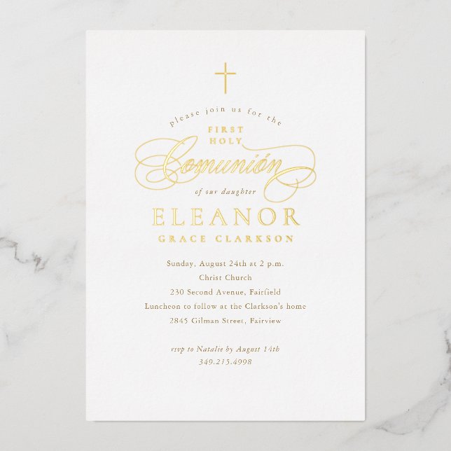 Invitation En Aluminium Élégante croix d'or Calligraphie Première Comunión (Recto)