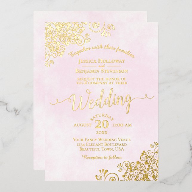 Invitation En Aluminium Elégante dentelle d'or sur rose pâle Fancy Mariage (Recto/Verso)