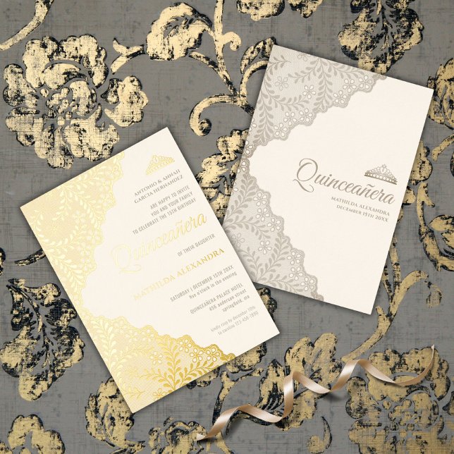 Invitation En Aluminium Elégante dentelle Tiara Quinceanera Or (Elegant Lace Tiara Quinceanera Gold Foil Invitation)