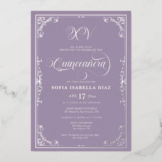 Invitation En Aluminium Elégante Dusty Purple Lavender Quinceañera Argent (Recto)
